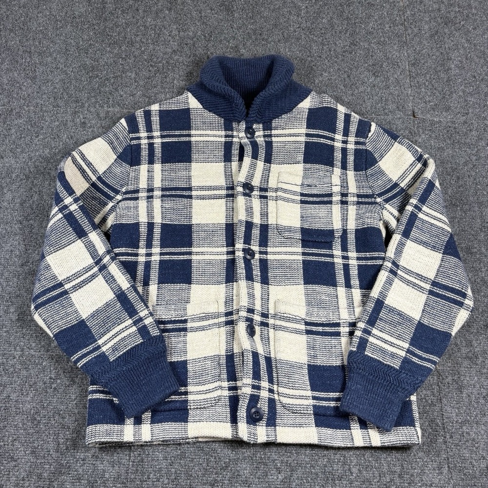 J CREW Mens Chore Jacket Sweater Button Up Knit Hipster Modern Blue Plaid Sz S